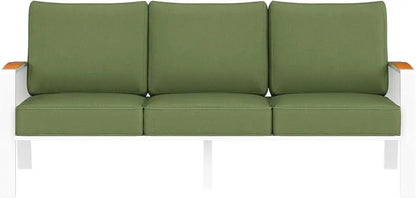 Outdoor Couch Aluminum Patio Furniture Set, All-Weather Metal 3-Seat Sofa with Solid Teak Armrest and Thick Cushions, Green