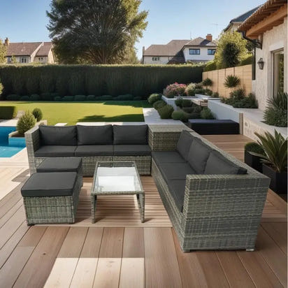 8-Piece Patio Sectional Wicker Rattan Outdoor Sofa Set with Storage Box and Cushion Box, Grey Wicker, Black Cushions, Clear