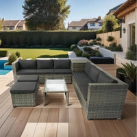 8-Piece Patio Sectional Wicker Rattan Outdoor Sofa Set with Storage Box and Cushion Box, Grey Wicker, Black Cushions, Clear