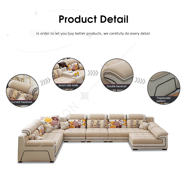 Modern Living Room Lounge 7 Seater U Shaped Sofa Set Furniture L Shape Sectional Couch Luxury Microfiber Fabric Modular Sofa