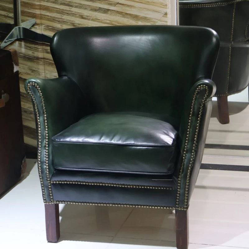 Antique green leather sofa chair top layer cowhide living room bedroom clubhouse club