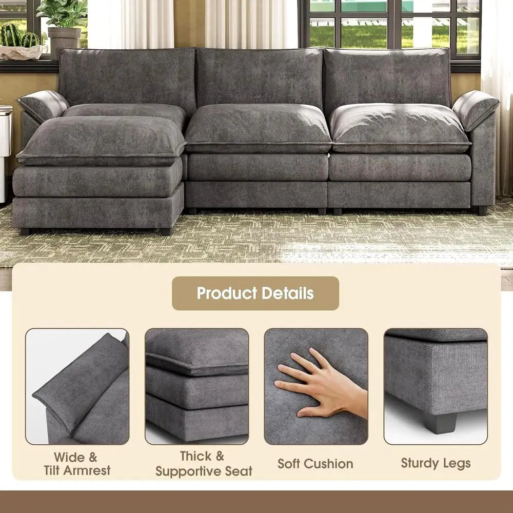 Sectional Sofa with Ottoman, Chenille Fabric, Convertible 3-Seater Couch for Living Room (Gray, L-Shape) | Breathable Material