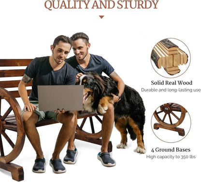 Country style wooden wheeled outdoor chair, patio bench with slat seating for 2 people, outdoor garden bench