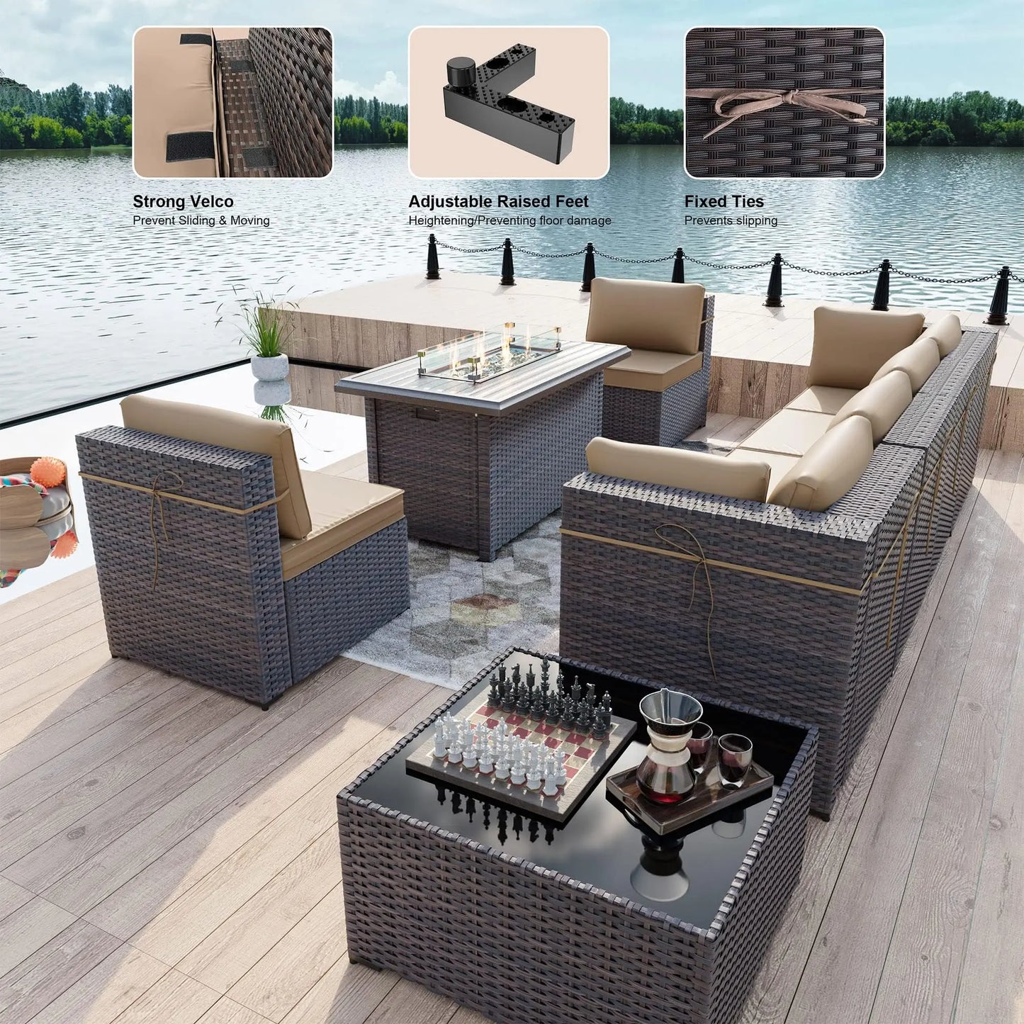 Modern Patio Rattan Sofa Set PE Wicker Sectional Sofa Set High Quality Rattan Outdoor Furniture Set with Fire Pit