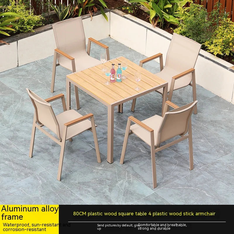#Modern Outdoor Aluminum Chair Wood Metal Frame Villa Patio Garden Table Chair Set For Dining Courtyard Leisure