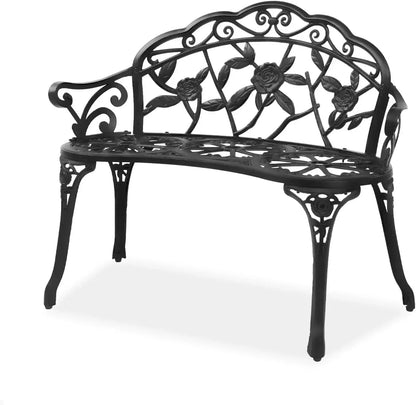 Outdoor patio bench, cast aluminum frame with antique finish, a garden rose bench