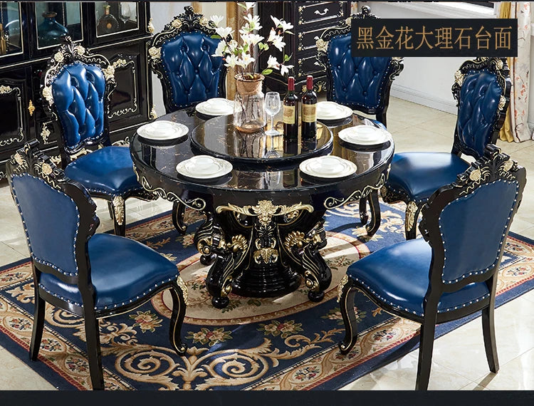 HTT marble dining table and chair combination carved round table for household8 people round  with turntable furniture
