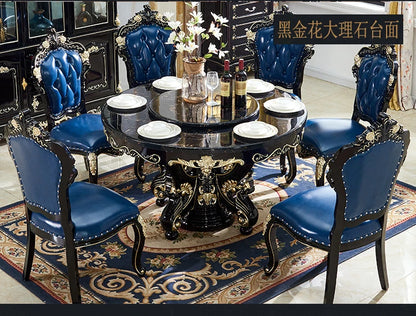 HTT marble dining table and chair combination carved round table for household8 people round  with turntable furniture