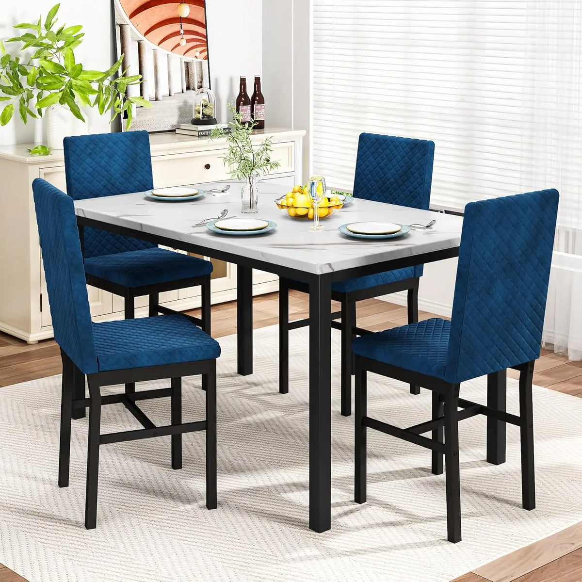 Dining Table Set for 4 Kitchen Table and Chairs Set of 4 Faux Marble Kitchen and Dining with Velvet Upholstered Dinner Chairs