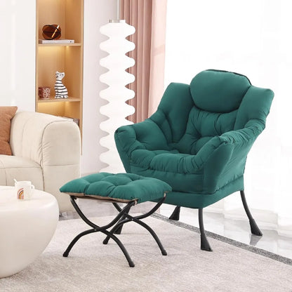 Modern Lounge Chair with Folding Ottoman, Armrests, Side Pocket, and Foldable Footrest for Leisure Reading