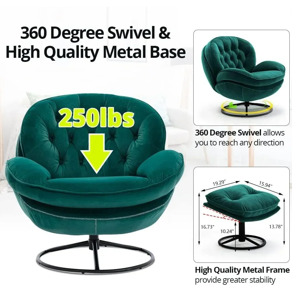 luxurious velvet swivel chair and ottoman set, contemporary lounge chair with metal frame and footrest, ergonomic single relaxat