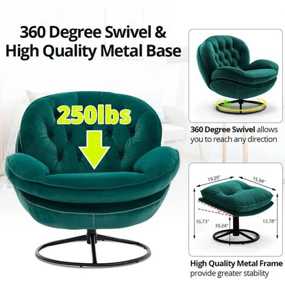 luxurious velvet swivel chair and ottoman set, contemporary lounge chair with metal frame and footrest, ergonomic single relaxat