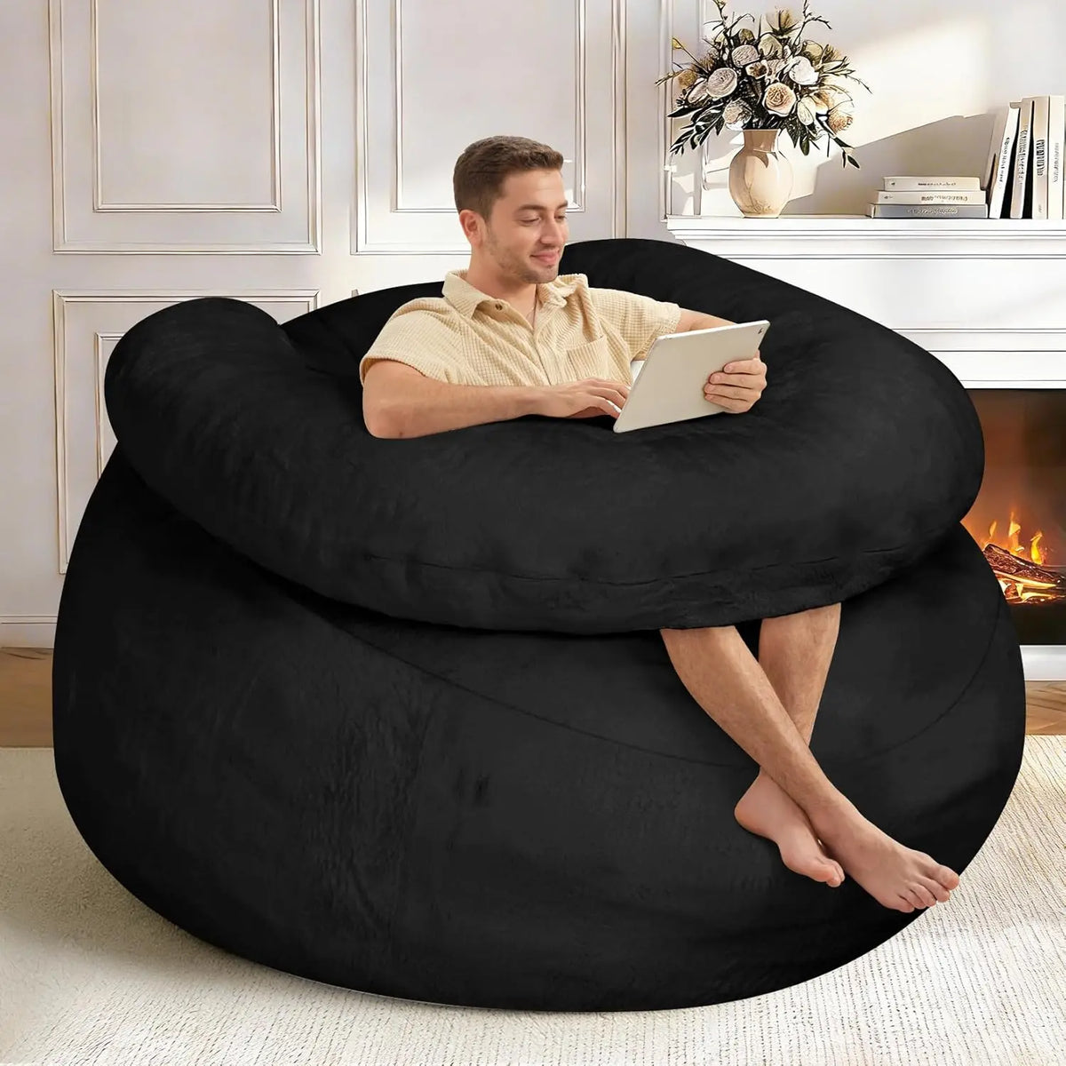 Oversized Bean Bag Sofa with Filler, Ultra Soft Faux Fur Floor Chair for Gaming and Reading, Black