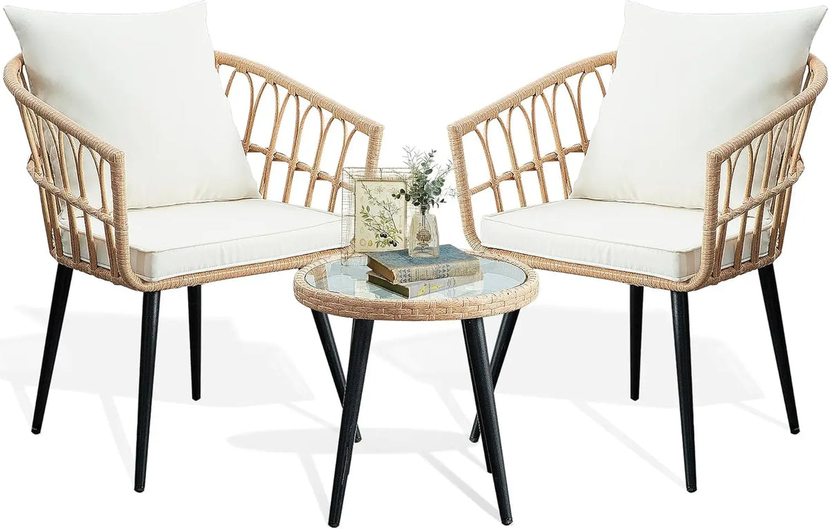Patio Bistro Set, Outdoor Wicker Apartment Balcony Furniture Sets, Rattan Table and Chairs Set of 2 for Porch Backyard Lawn