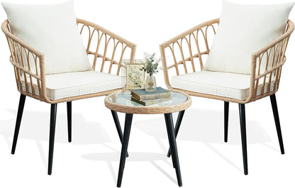Patio Bistro Set, Outdoor Wicker Apartment Balcony Furniture Sets, Rattan Table and Chairs Set of 2 for Porch Backyard Lawn