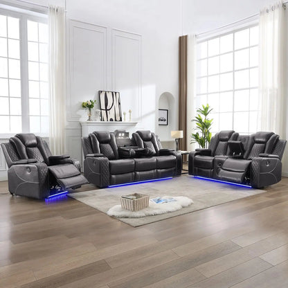 Power Recliner Sofa Sectional Sofa with LED Light for Living Room, Air Leather Reclining Corner Sectional Sofa Set