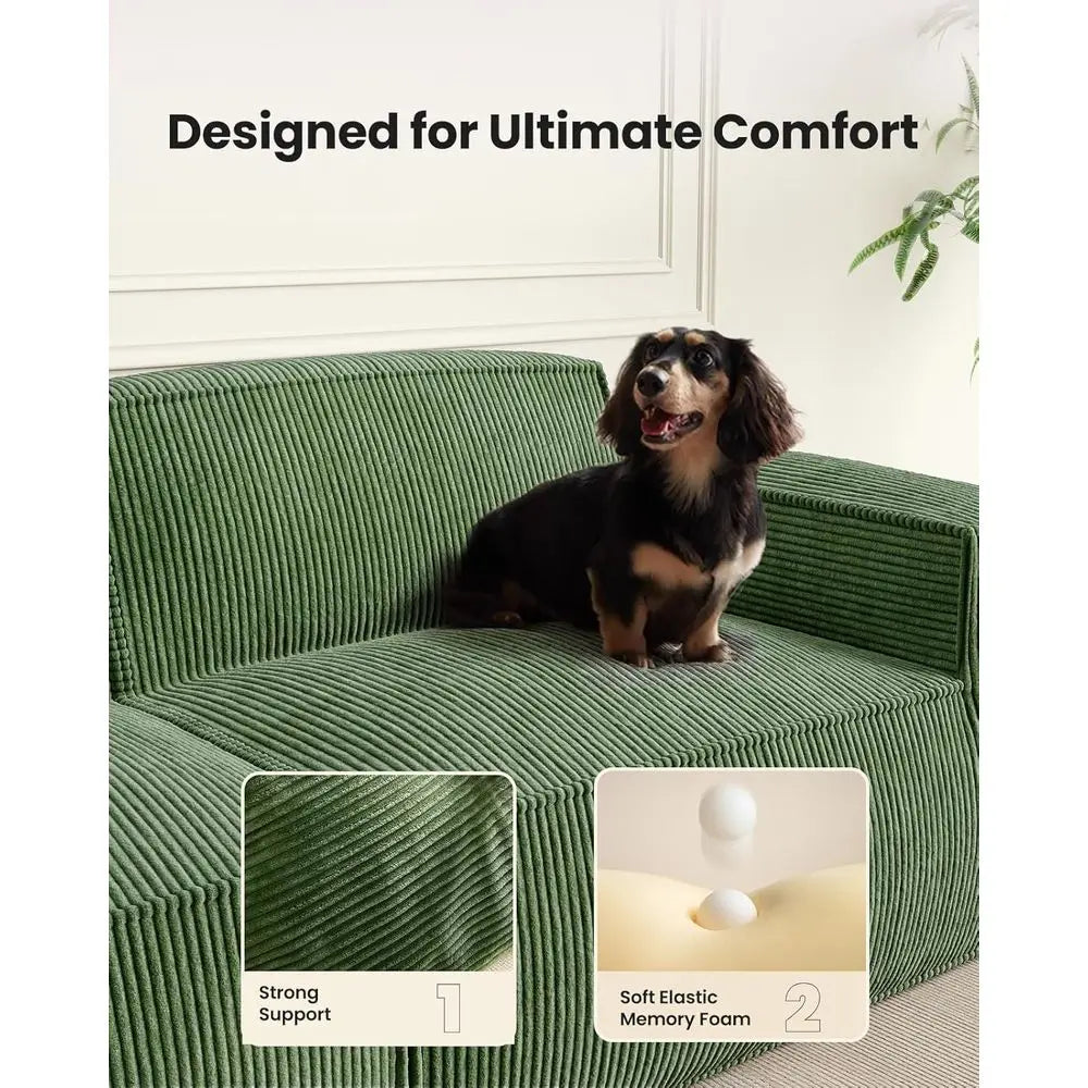 L-Shape Sectional Couch with Chaise & Ottoman, Deep Seat Sofa, Living Room/Bedroom, Ready to Use, Green Corduroy