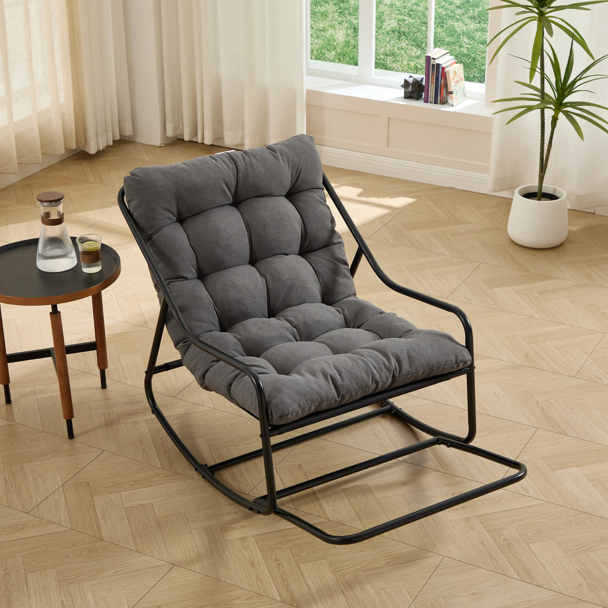 Outdoor Rocking Chair, Comfy Cushion, With Soft Thick Cushion,for Living Room,Bedroom,Reading Room,Black Frame With Grey Cushion