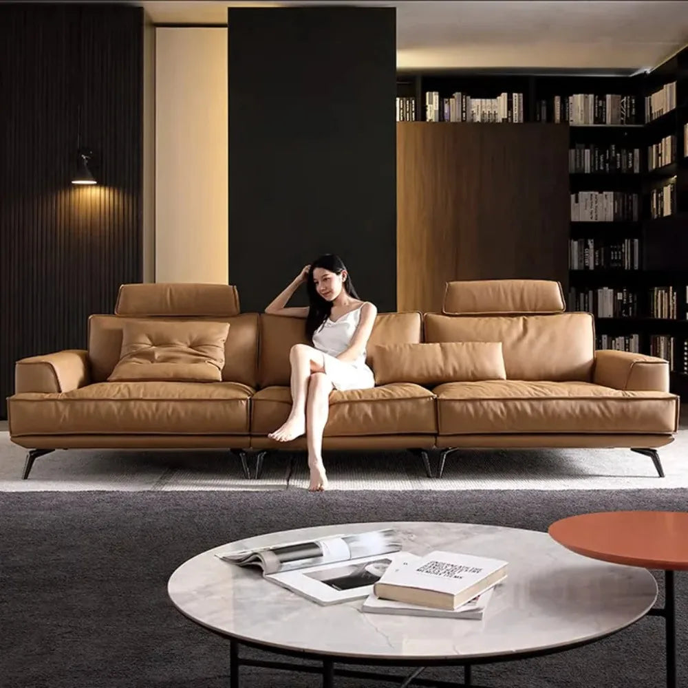 Minimalist Multi-Seat Leather Sectional Sofa Combination Modern Simple Living Room Sofas First Layer Cowhide L Shade Sofa Set