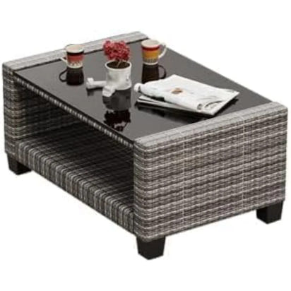 5 Piece Outdoor Patio Furniture Sets, Wicker Conversation Set for Porch Deck, Gray Rattan Sofa Chair with Blue Cushion, Brown