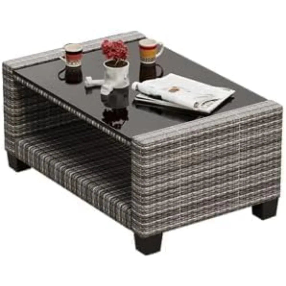 5 Piece Outdoor Patio Furniture Sets, Wicker Conversation Set for Porch Deck, Gray Rattan Sofa Chair with Blue Cushion, Brown