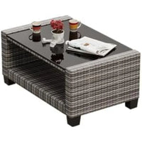 5 Piece Outdoor Patio Furniture Sets, Wicker Conversation Set for Porch Deck, Gray Rattan Sofa Chair with Blue Cushion, Brown