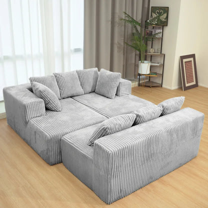 Modular U-shaped segmented sofa, 130 inch 4-seater lounge chair, gray striped corduroy fabric