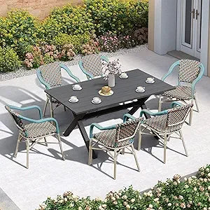 Patio Dining Set for 6 All-Weather Wicker 7 Piece Aluminium Outdoor Table and Chairs Set Included Cushions for Backyard Indoor