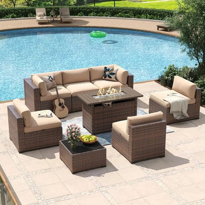 8 Piece Outdoor Patio Furniture Set with 44” Fire Pit Table, Rattan Wicker Sectional Sofa and Coffee Table with Thick Cushions