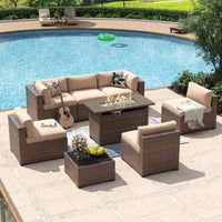 8 Piece Outdoor Patio Furniture Set with 44” Fire Pit Table, Rattan Wicker Sectional Sofa and Coffee Table with Thick Cushions