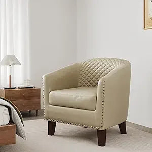 Accent Chair, Upholstered Faux Leather Barrel Chair with Nailed Trim, Comfy Club Armchair for Reading Living Room Bedroom Waitin