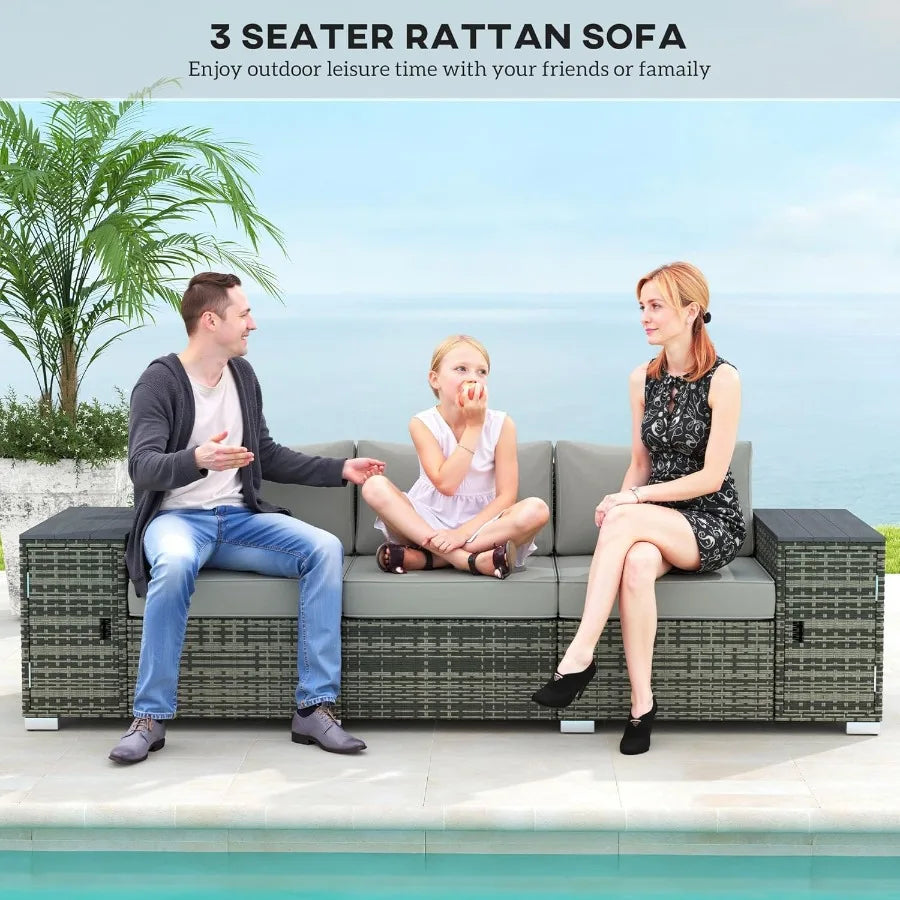 3 Seater Wicker Sofa with 2 Storage Side Tables and Thickened Cushions Rattan Outdoor Patio Sofa with Wide Armrests for Porch G