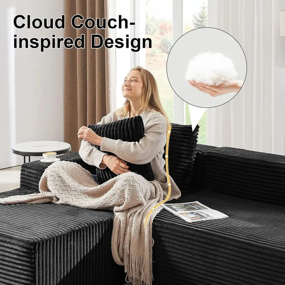 L-Shaped 103 Sectional Sofa with Chaise, Deep Seating, Corduroy Upholstery, Living Room Furniture, Ready to Use, Black