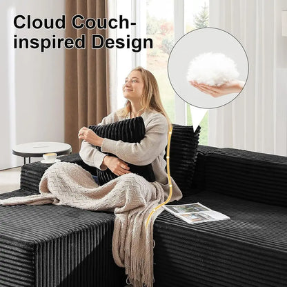 L-Shaped 103 Sectional Sofa with Chaise, Deep Seating, Corduroy Upholstery, Living Room Furniture, Ready to Use, Black