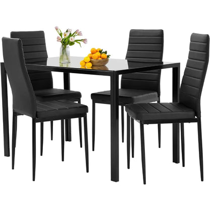 | 5-Piece Dining Table Set | Glass Kitchen Table with 4 Upholstered Chairs | Space-Saving Design