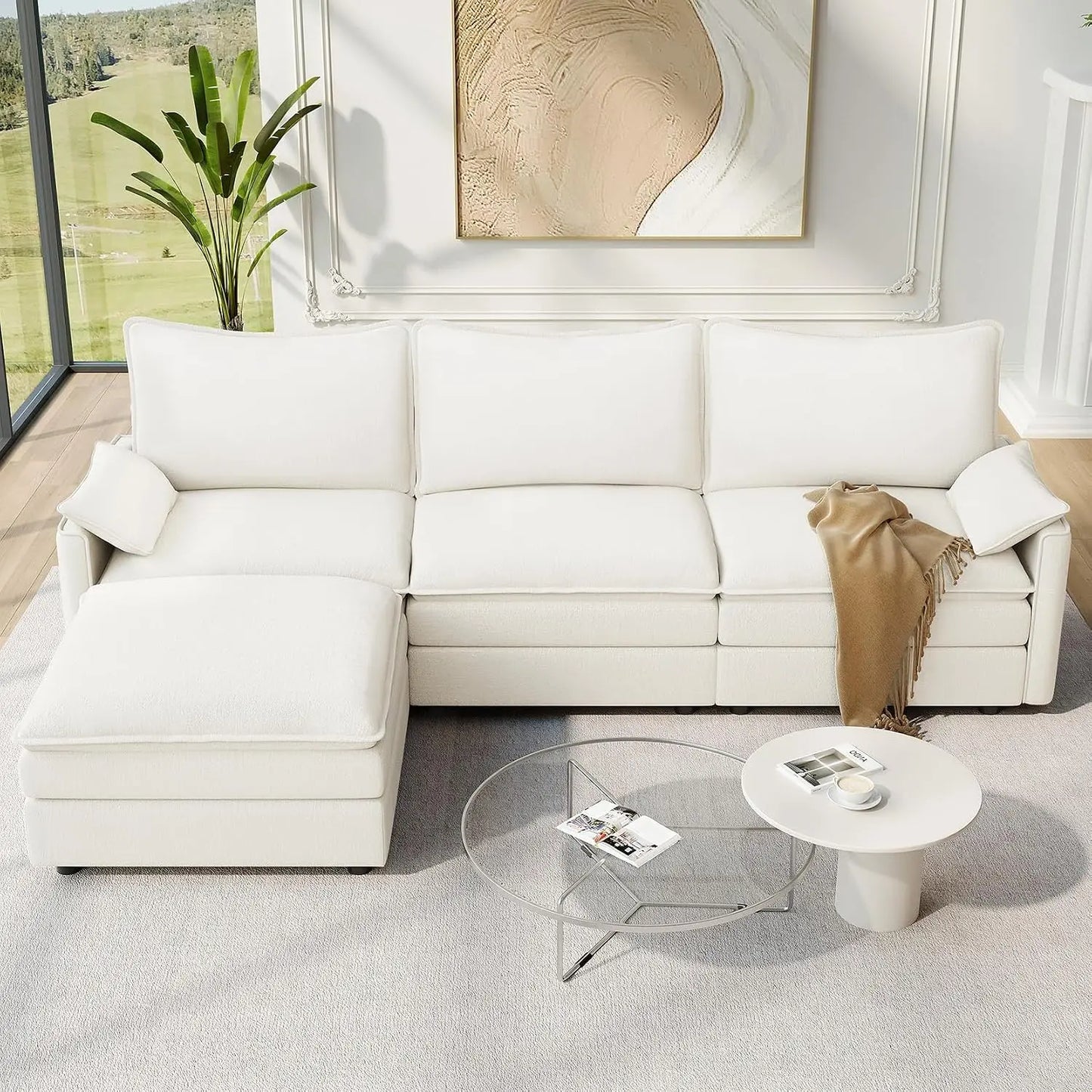 108" L-Shaped Chenille Cloud Sectional Sofa, Deep Seat Modular Couch with Movable Ottoman, Customized