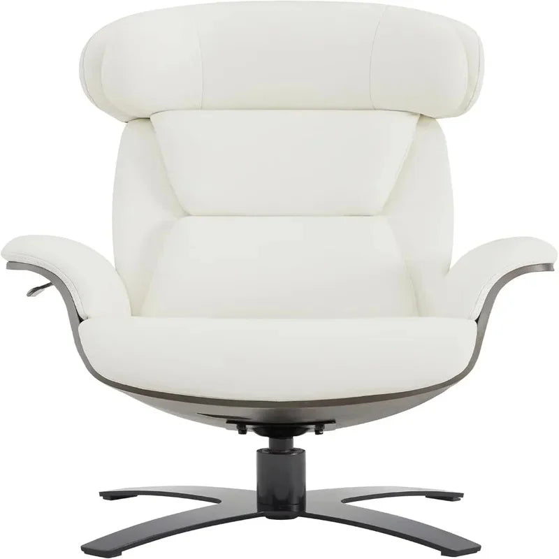 Reclining Swivel Chair with Adjustable Headrest and Ottoman in White, Made with 100% Top Grain Leather for Living Room Use