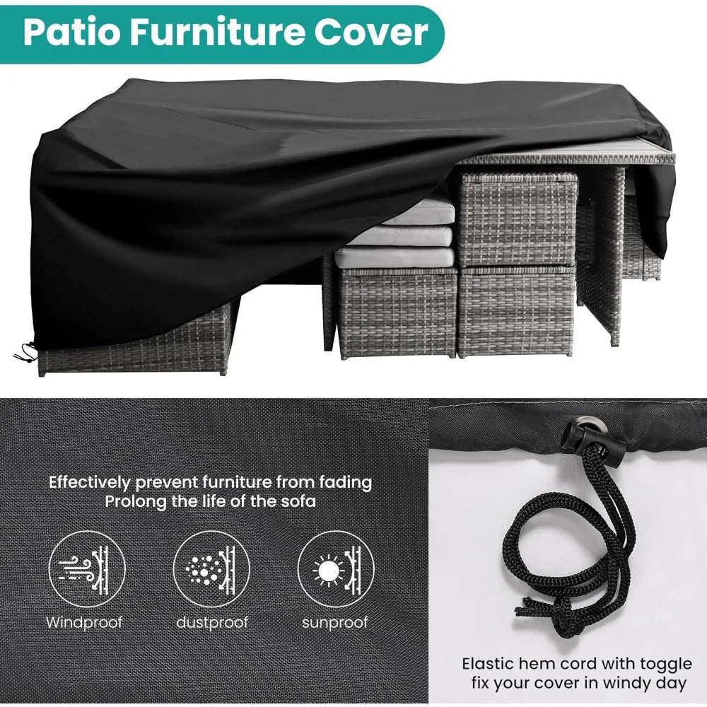 seven-piece outdoor patio furniture set with dining table and chairs, all-weather wicker conversation set including ottoman