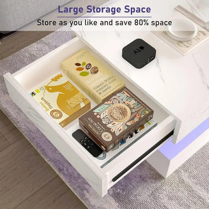 LED Coffee Table with Storage Drawers, Modern High Gloss Coffee Table Colors LED Lights,  Rectangle Center Table