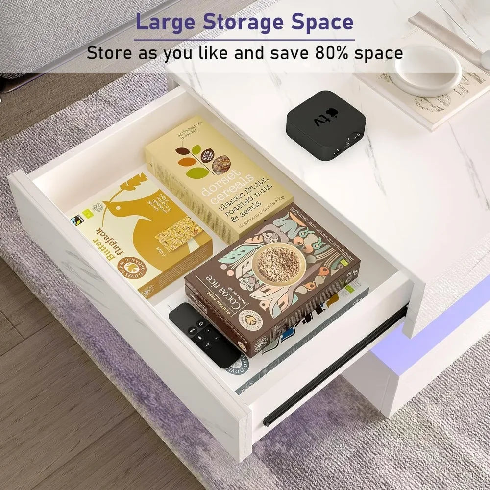 LED Coffee Table with Storage Drawers, Modern High Gloss Coffee Table Colors LED Lights,  Rectangle Center Table