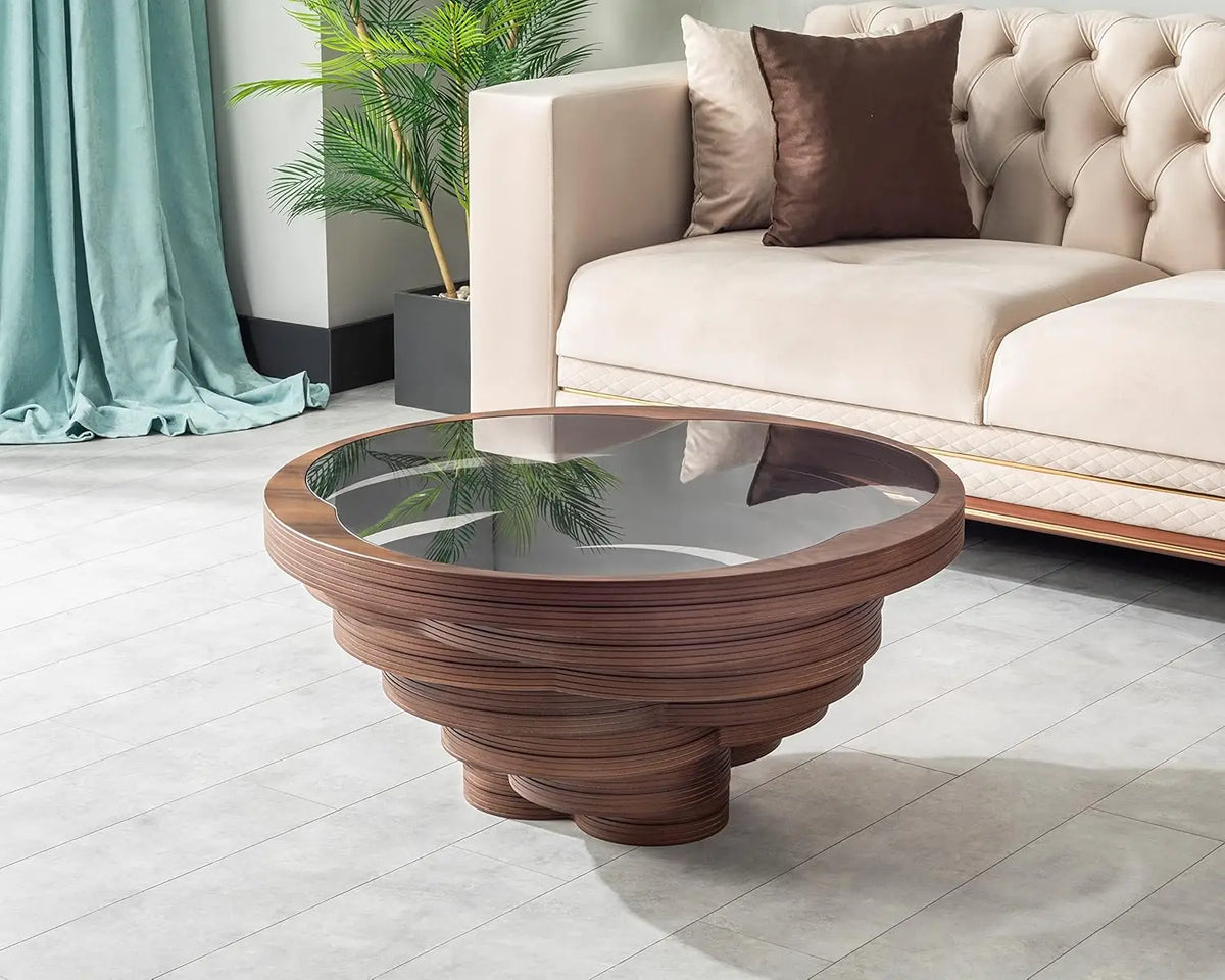 Table basse en bois en spirale avec plateau en verre, artisanale, moderne, pour salon, bureau, café, décoration, personnalisable
