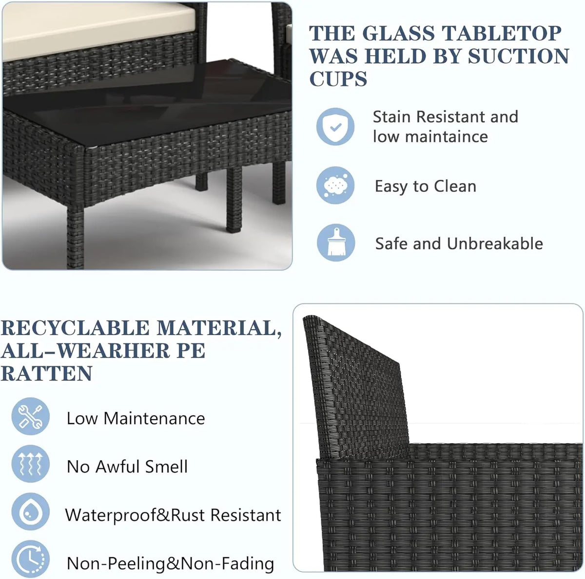 4 Pieces Patio Furniture Set, Outdoor Wicker Rattan Patio Conversation Furniture Set with Waterproof Cushion and Table