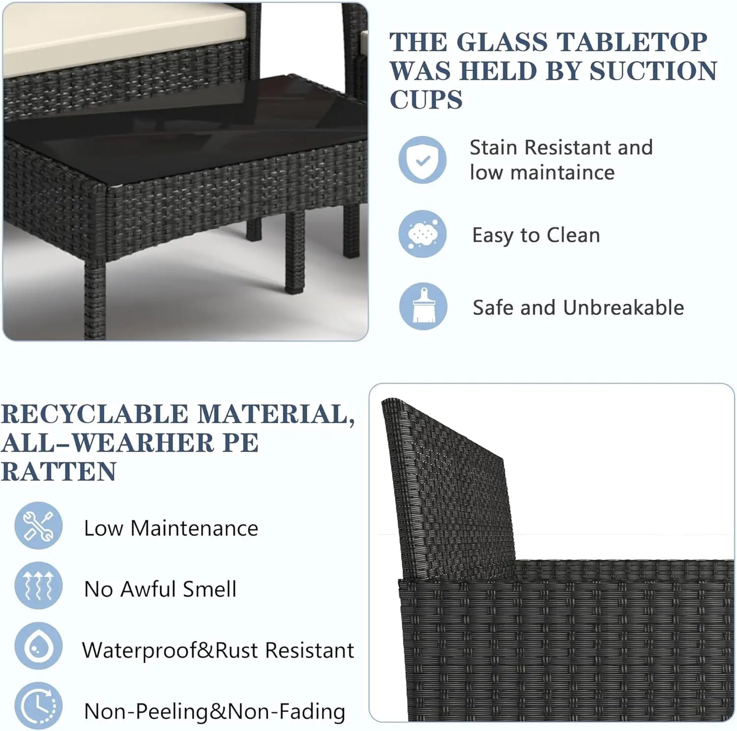 4 Pieces Patio Furniture Set, Outdoor Wicker Rattan Patio Conversation Furniture Set with Waterproof Cushion and Table