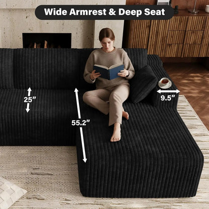 Cloud Couch Sectional Modular Sofa, 103 Comfy Black L Shaped Boneless Couches for Living Room, Deep Seat Plush Corduroy Couch Se