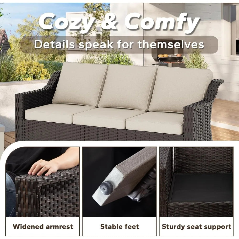 77'' Patio Sofa, All Weather Outdoor Rattan Wicker 3-Seat Sofa High Back Couch with Premium Cushions for Garden Backyard Porch(B