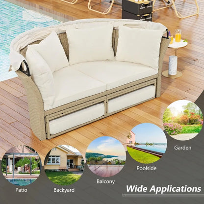 Outdoor Canopy Bed Patio Daybed with 4 Pillows, Wicker Rattan Double Daybed Round Sofa Furniture Set with Retractable Canopy, 2