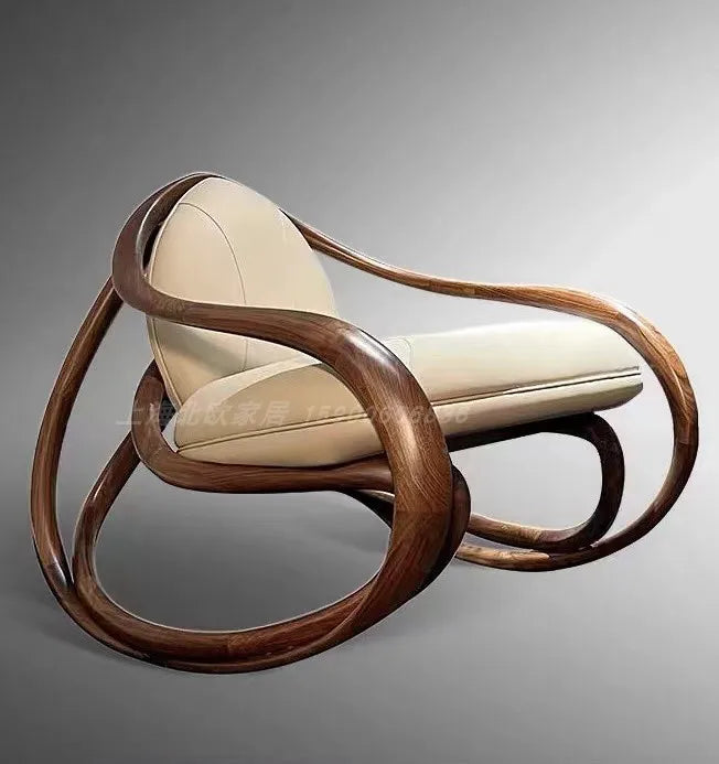 FG black walnut leather balcony lazy chair villa living room leisure solid wood rocking chair