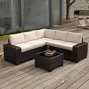 6 Pieces Patio Furniture Set, Outdoor Sectional Set of 6 w/Wide Armrest, Waterproof Wicker Conversation Set for Backyard, Deck,