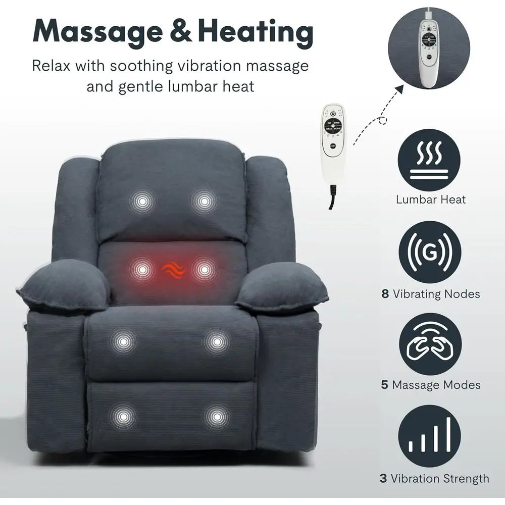 Adult Swivel Rocker Recliner with Massage & Heat, Manual Rocking Chair featuring USB Port and Side Pocket, Ideal for Small Space