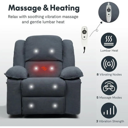 Adult Swivel Rocker Recliner with Massage & Heat, Manual Rocking Chair featuring USB Port and Side Pocket, Ideal for Small Space